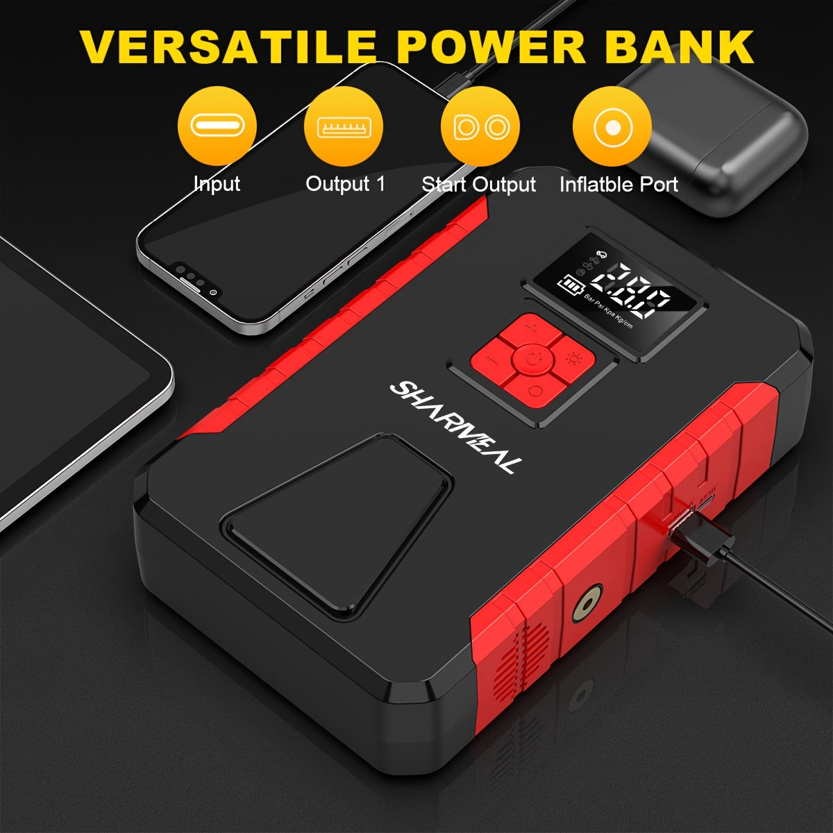 Portable 5-in-1 Car Jump Starter & Tire Inflator – Powerful & Compact